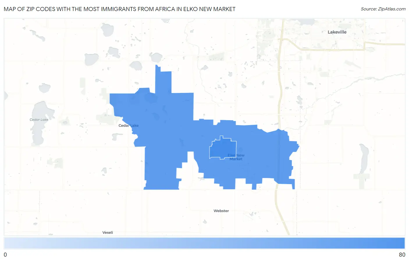 Zip Codes with the Most Immigrants from Africa in Elko New Market Map