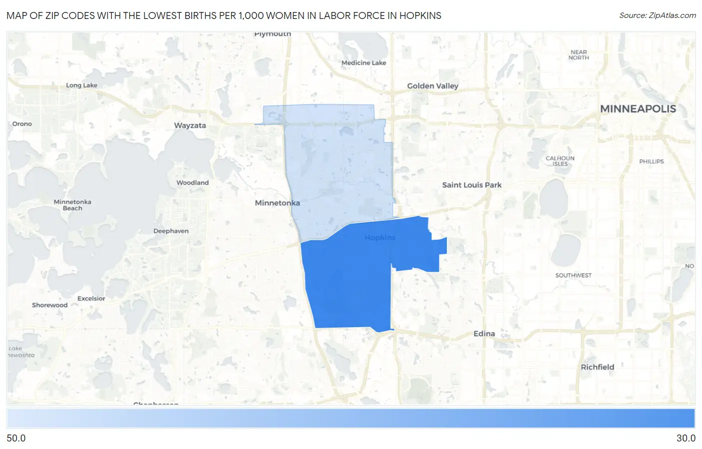 Zip Codes with the Lowest Births per 1,000 Women in Labor Force in Hopkins Map
