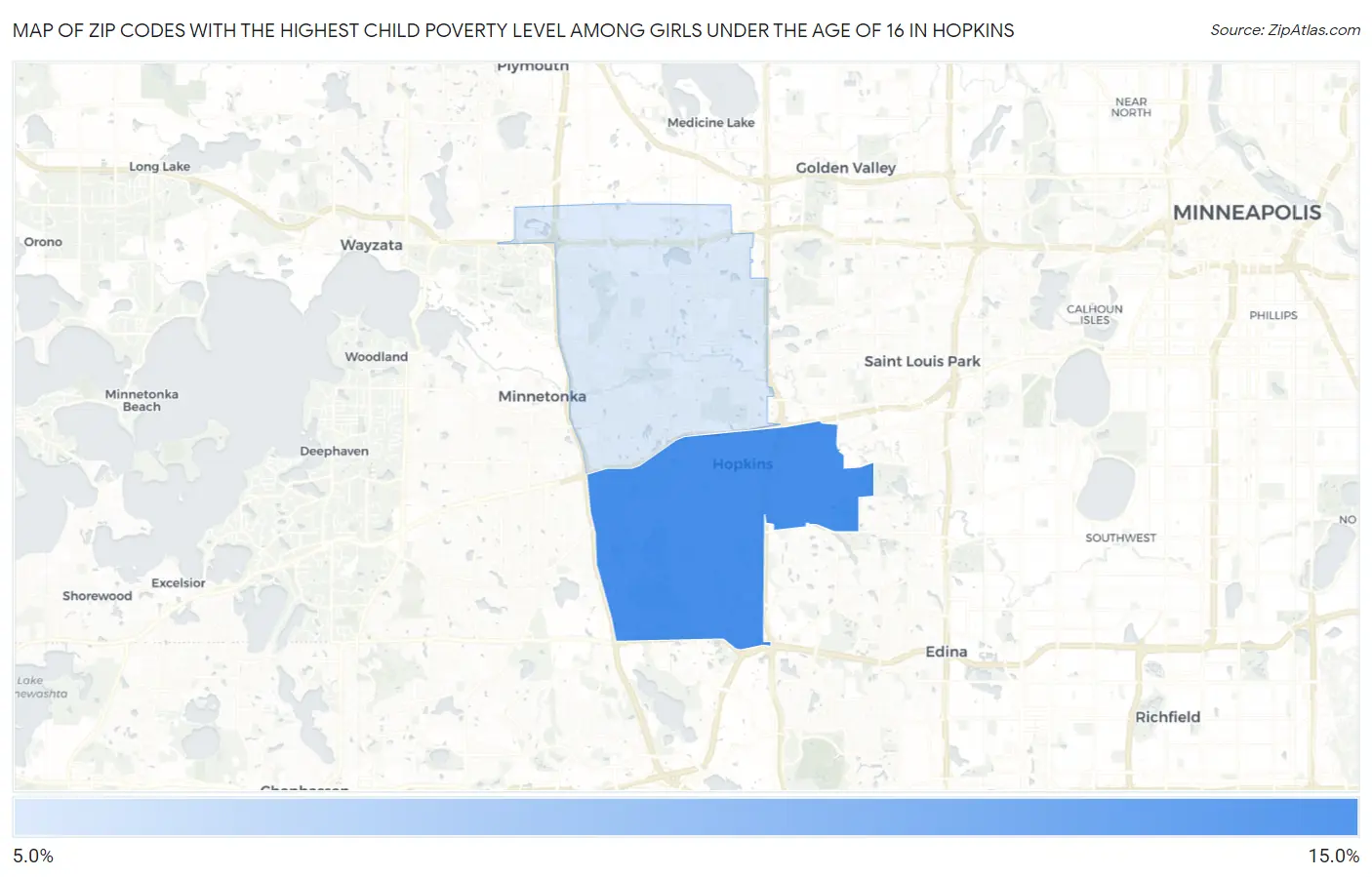 Zip Codes with the Highest Child Poverty Level Among Girls Under the Age of 16 in Hopkins Map