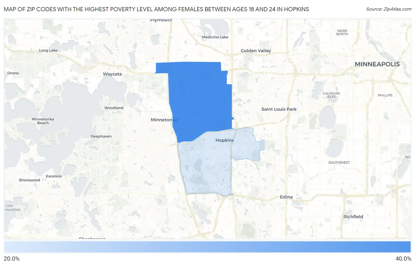 Zip Codes with the Highest Poverty Level Among Females Between Ages 18 and 24 in Hopkins Map
