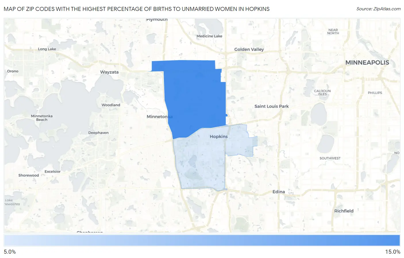 Zip Codes with the Highest Percentage of Births to Unmarried Women in Hopkins Map
