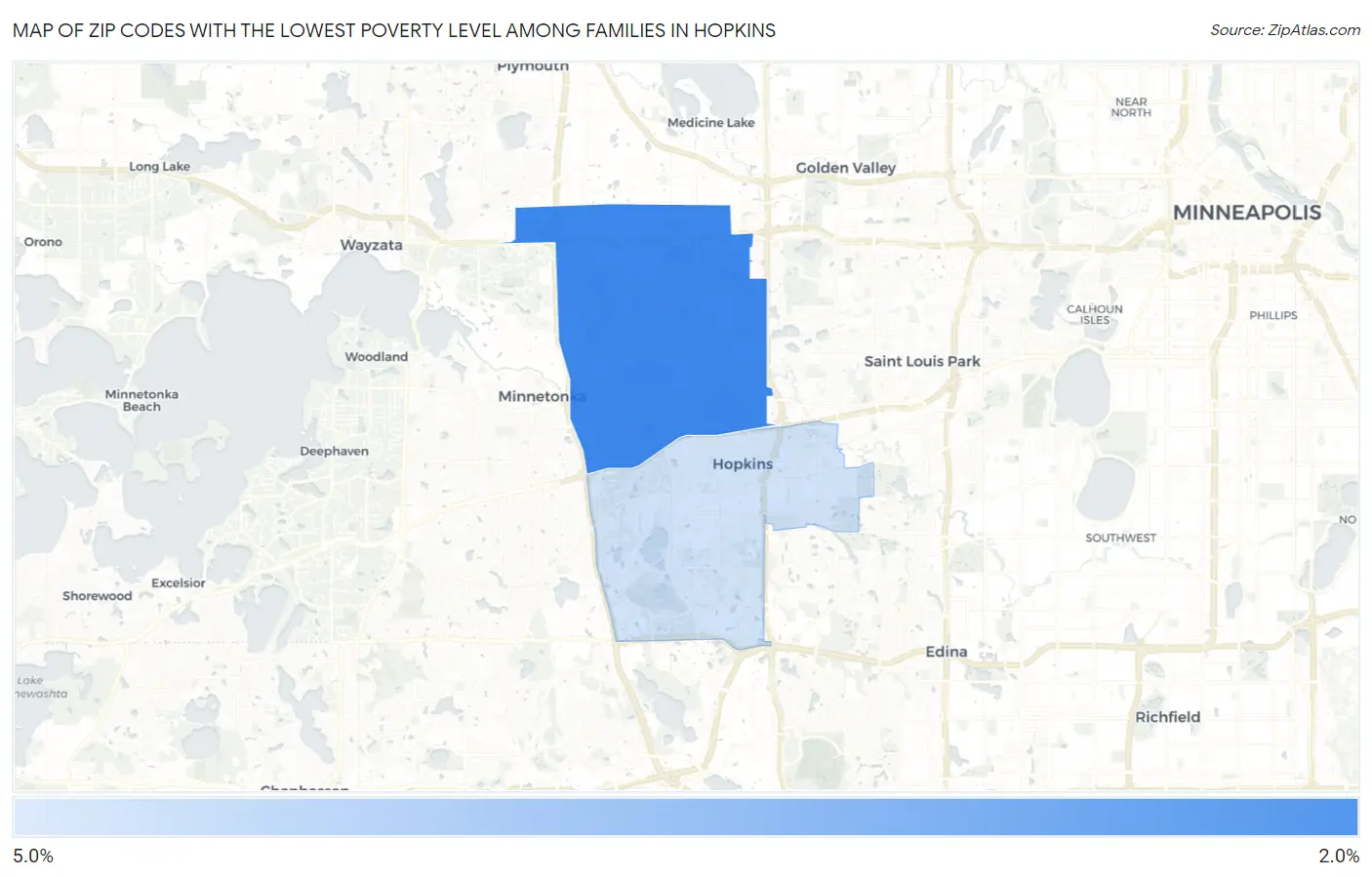 Zip Codes with the Lowest Poverty Level Among Families in Hopkins Map