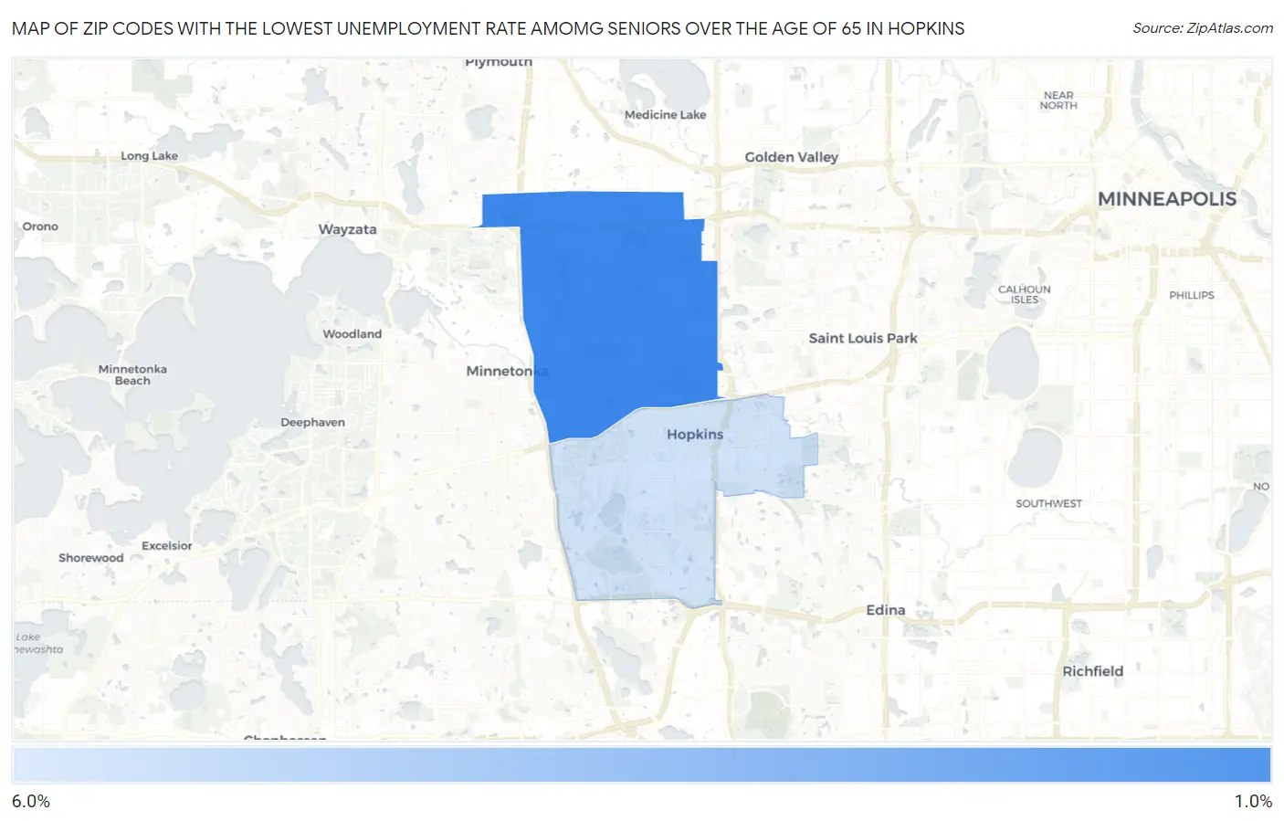 Zip Codes with the Lowest Unemployment Rate Amomg Seniors Over the Age of 65 in Hopkins Map