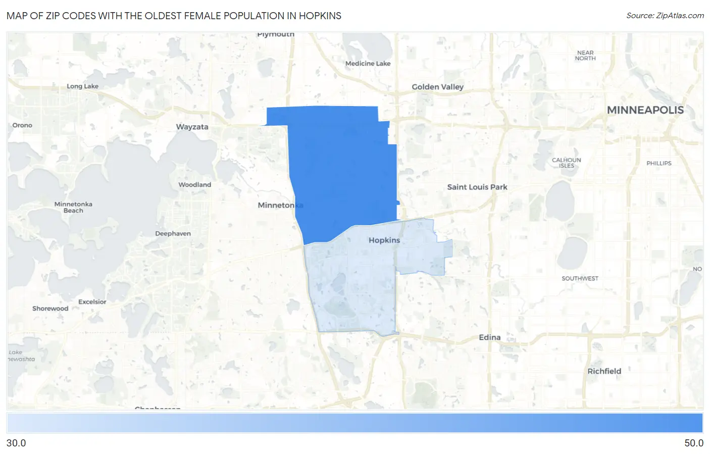 Zip Codes with the Oldest Female Population in Hopkins Map