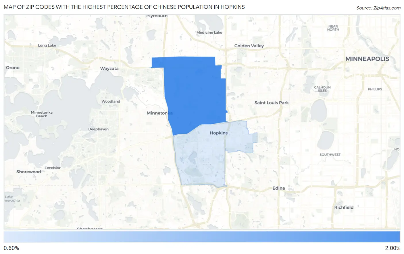 Zip Codes with the Highest Percentage of Chinese Population in Hopkins Map