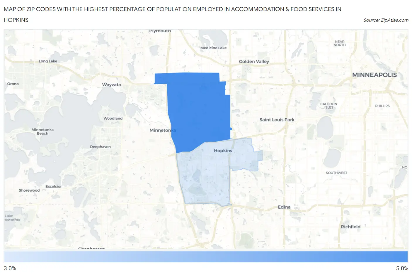 Zip Codes with the Highest Percentage of Population Employed in Accommodation & Food Services in Hopkins Map