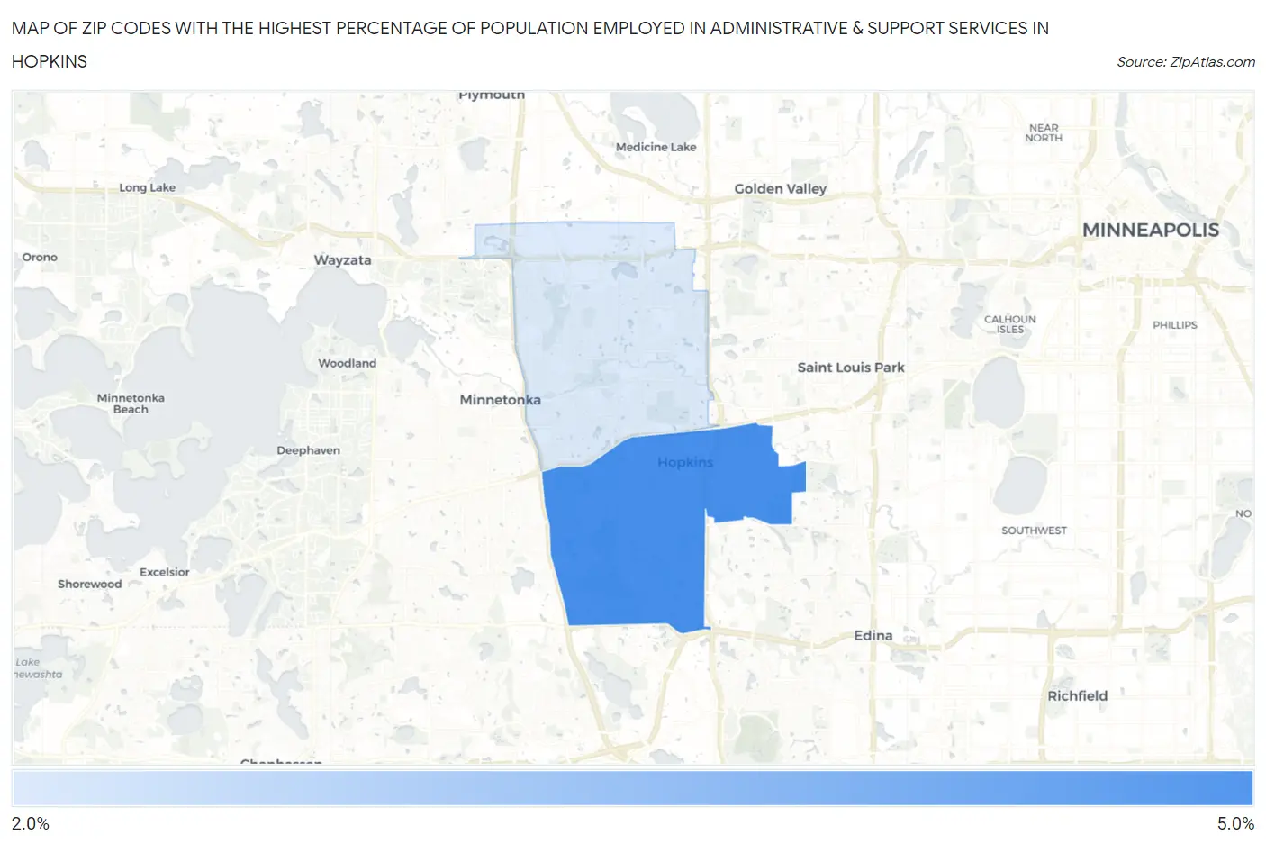 Zip Codes with the Highest Percentage of Population Employed in Administrative & Support Services in Hopkins Map