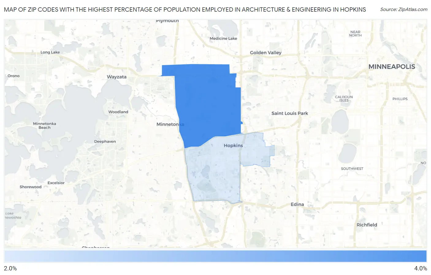 Zip Codes with the Highest Percentage of Population Employed in Architecture & Engineering in Hopkins Map