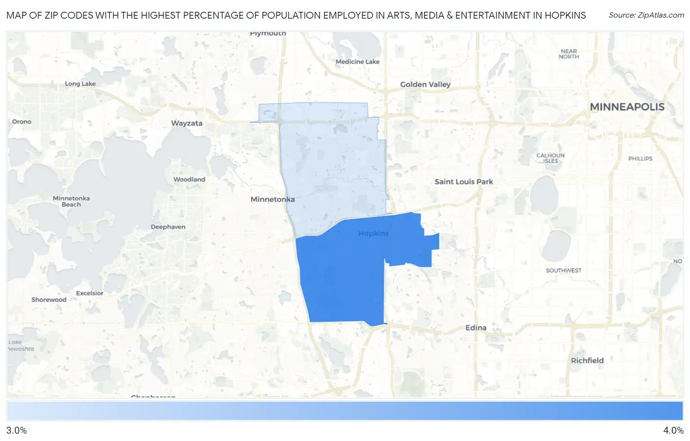 Zip Codes with the Highest Percentage of Population Employed in Arts, Media & Entertainment in Hopkins Map