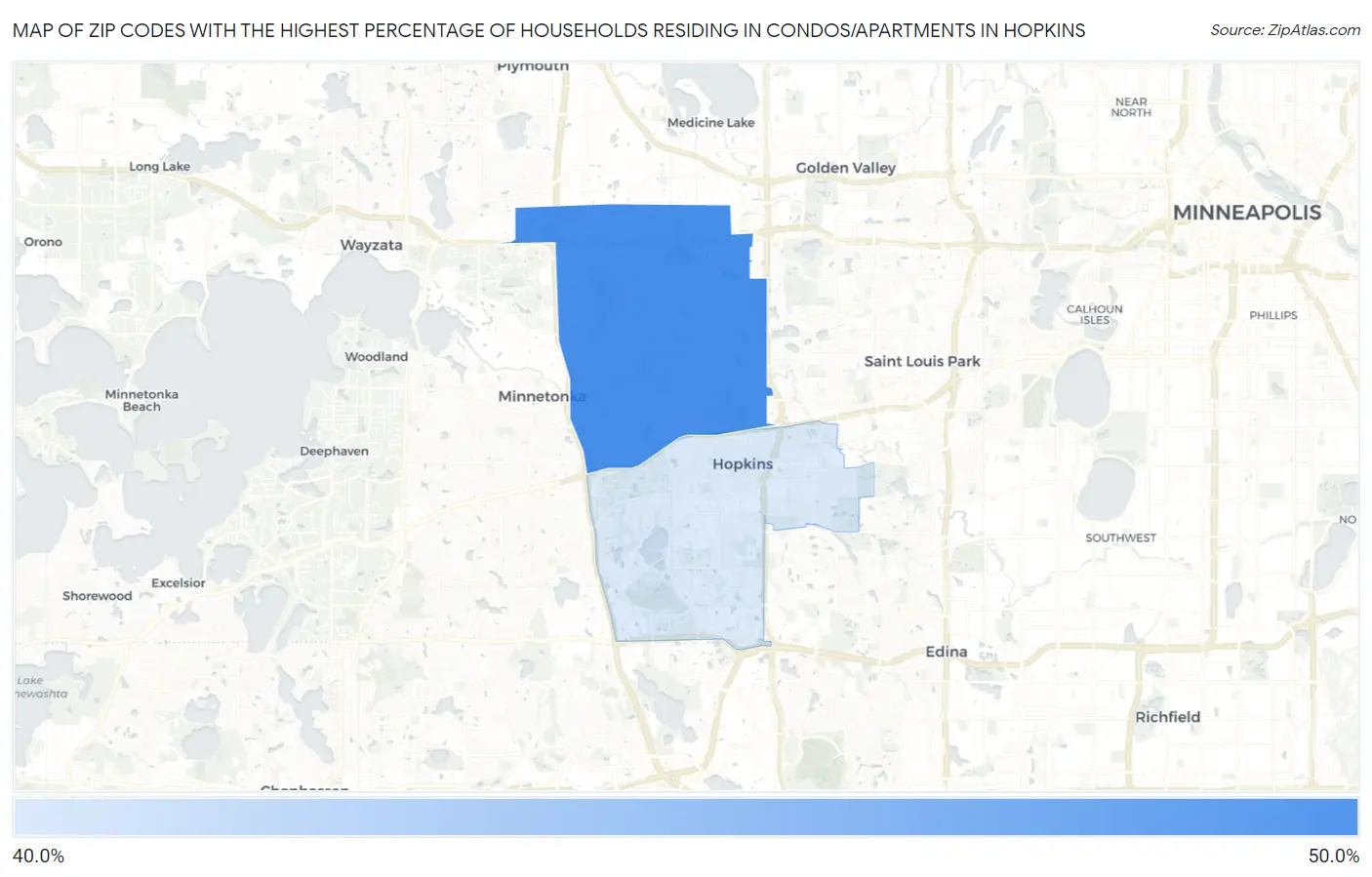 Zip Codes with the Highest Percentage of Households Residing in Condos/Apartments in Hopkins Map