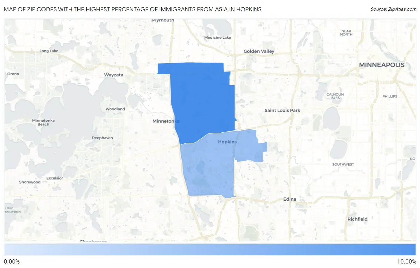 Zip Codes with the Highest Percentage of Immigrants from Asia in Hopkins Map