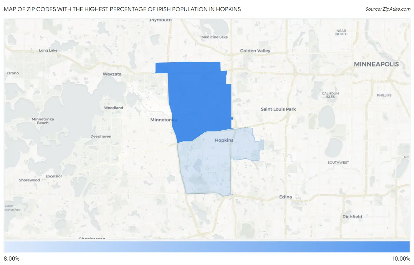 Zip Codes with the Highest Percentage of Irish Population in Hopkins Map