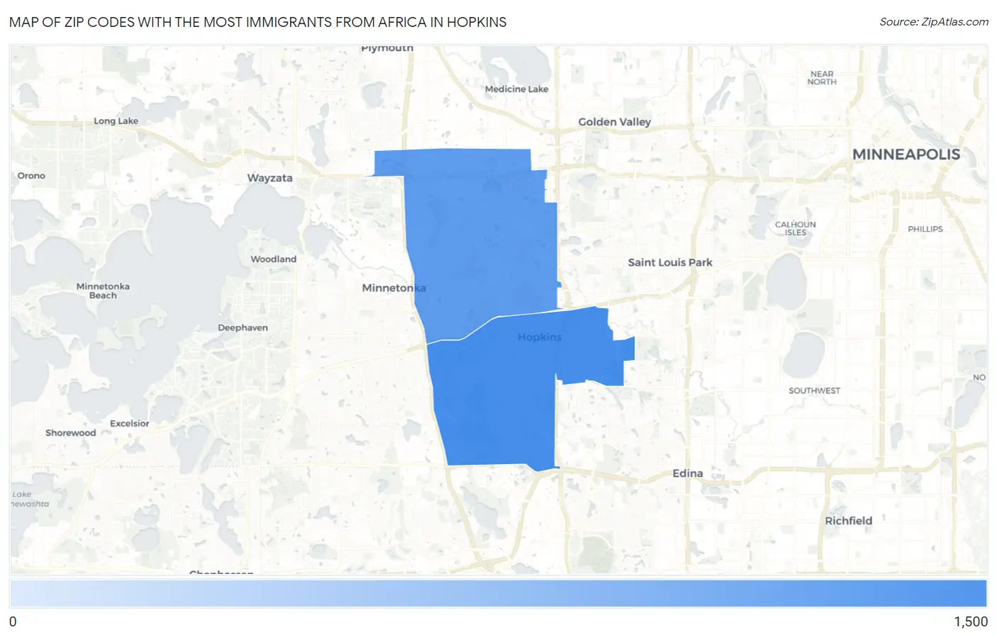 Zip Codes with the Most Immigrants from Africa in Hopkins Map