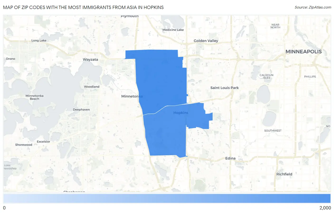Zip Codes with the Most Immigrants from Asia in Hopkins Map