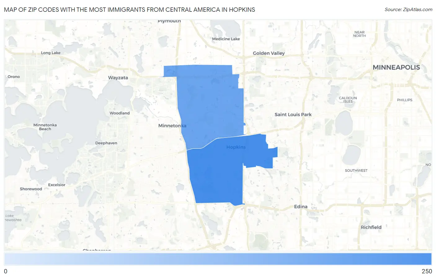Zip Codes with the Most Immigrants from Central America in Hopkins Map
