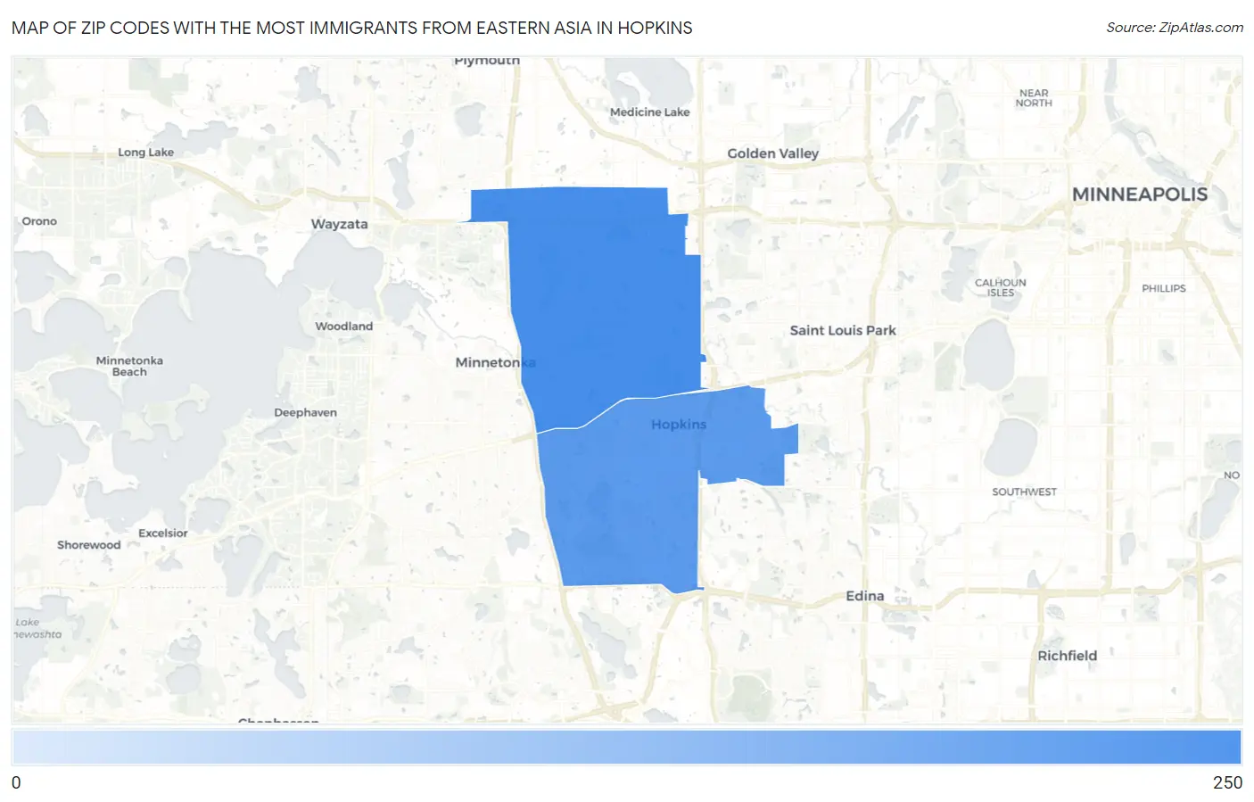 Zip Codes with the Most Immigrants from Eastern Asia in Hopkins Map
