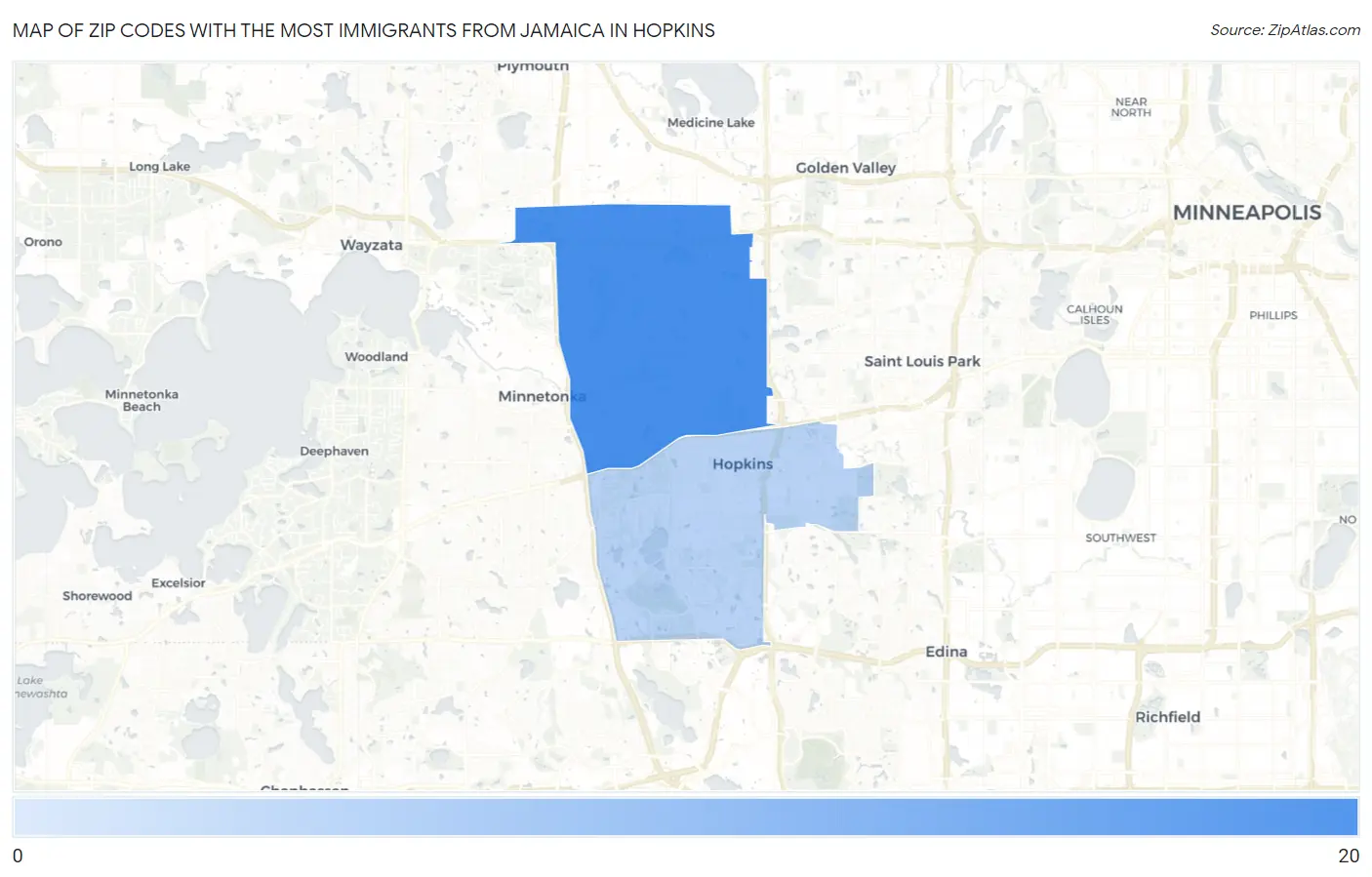 Zip Codes with the Most Immigrants from Jamaica in Hopkins Map