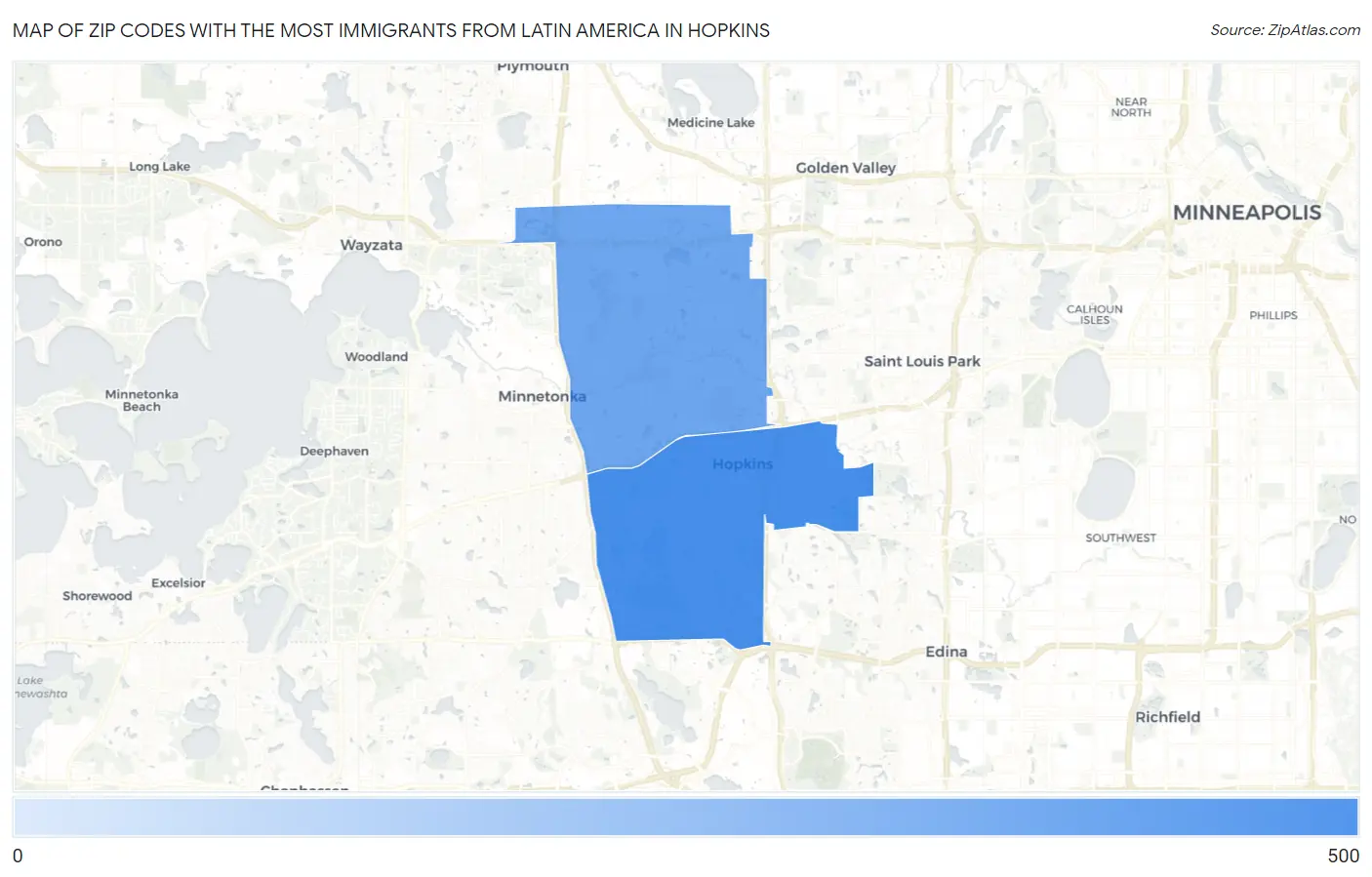 Zip Codes with the Most Immigrants from Latin America in Hopkins Map