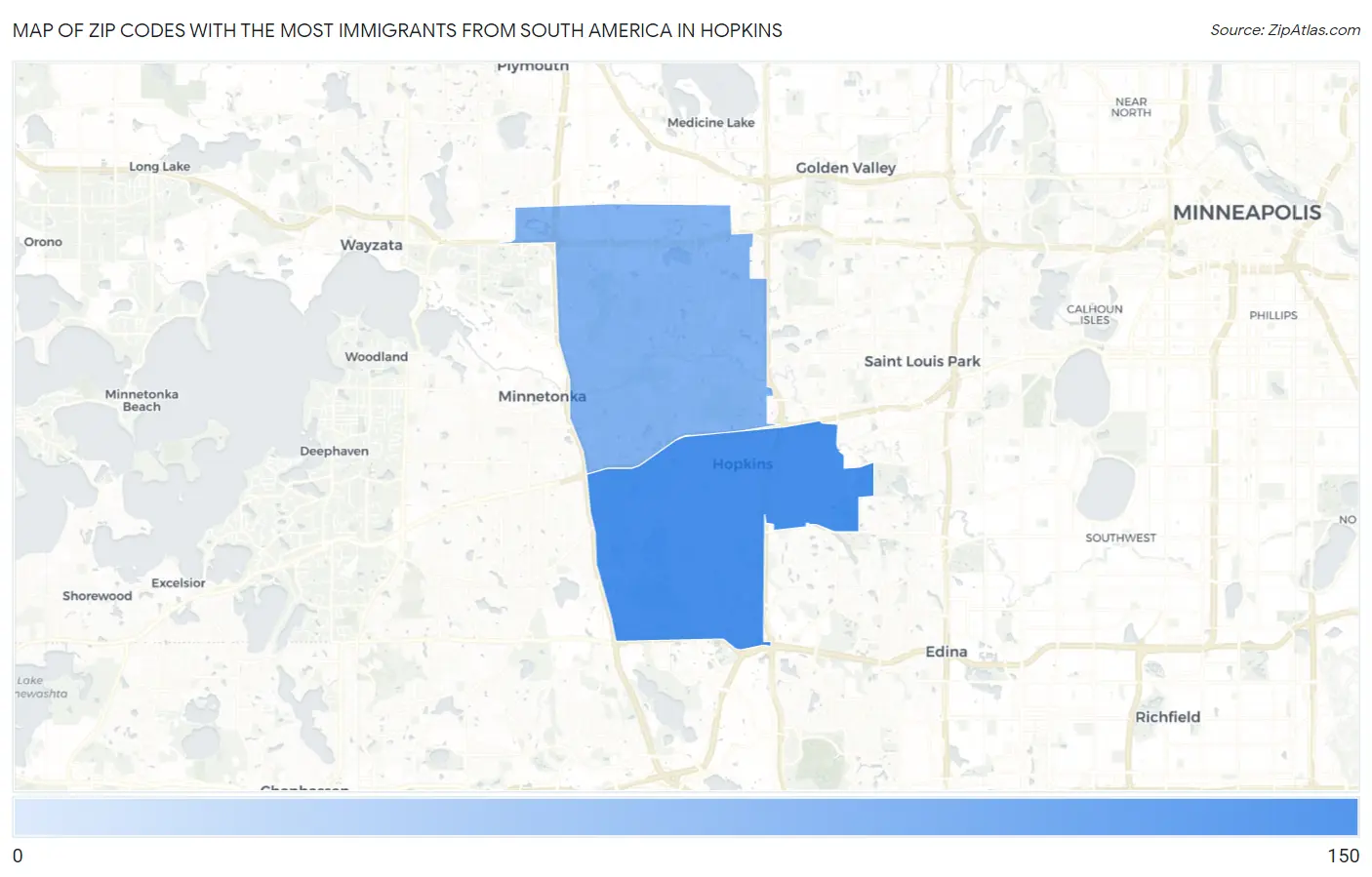 Zip Codes with the Most Immigrants from South America in Hopkins Map