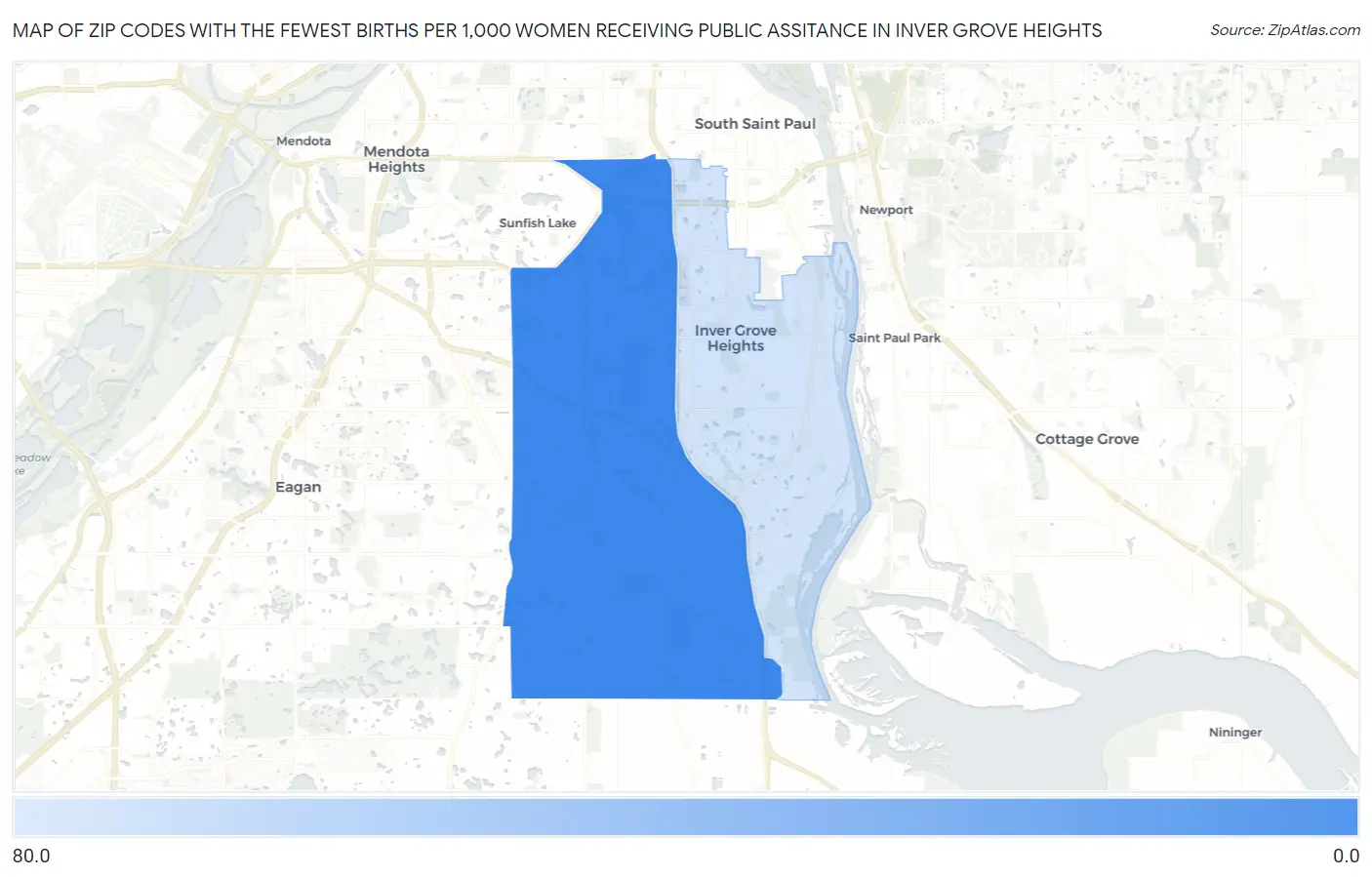 Zip Codes with the Fewest Births per 1,000 Women Receiving Public Assitance in Inver Grove Heights Map