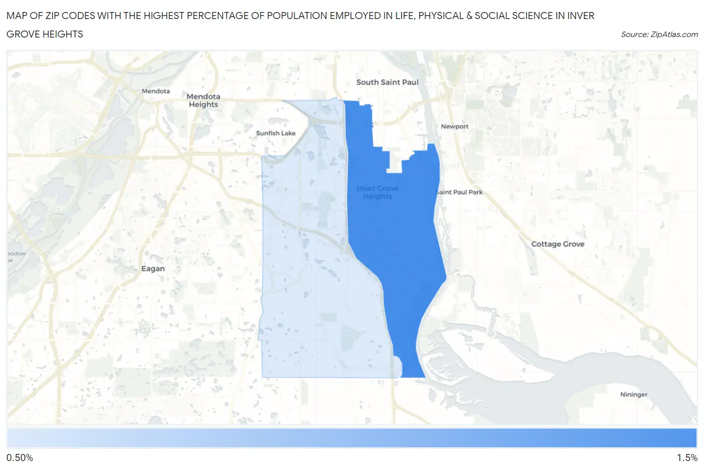 Zip Codes with the Highest Percentage of Population Employed in Life, Physical & Social Science in Inver Grove Heights Map