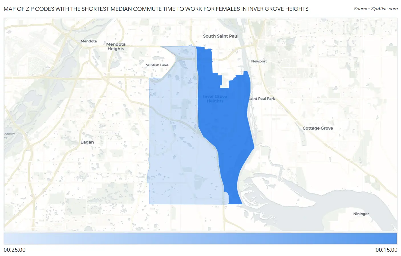 Zip Codes with the Shortest Median Commute Time to Work for Females in Inver Grove Heights Map