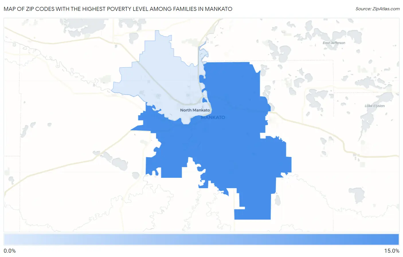 Zip Codes with the Highest Poverty Level Among Families in Mankato Map