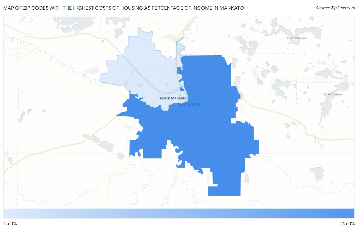 Zip Codes with the Highest Costs of Housing as Percentage of Income in Mankato Map