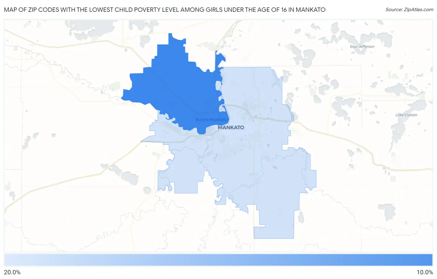 Zip Codes with the Lowest Child Poverty Level Among Girls Under the Age of 16 in Mankato Map