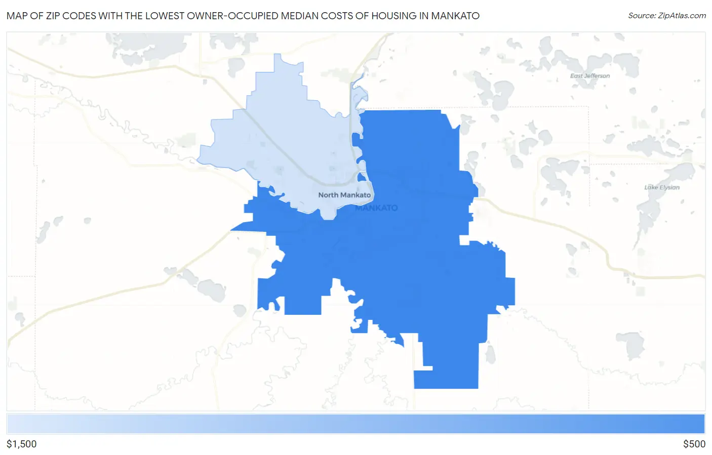 Zip Codes with the Lowest Owner-Occupied Median Costs of Housing in Mankato Map