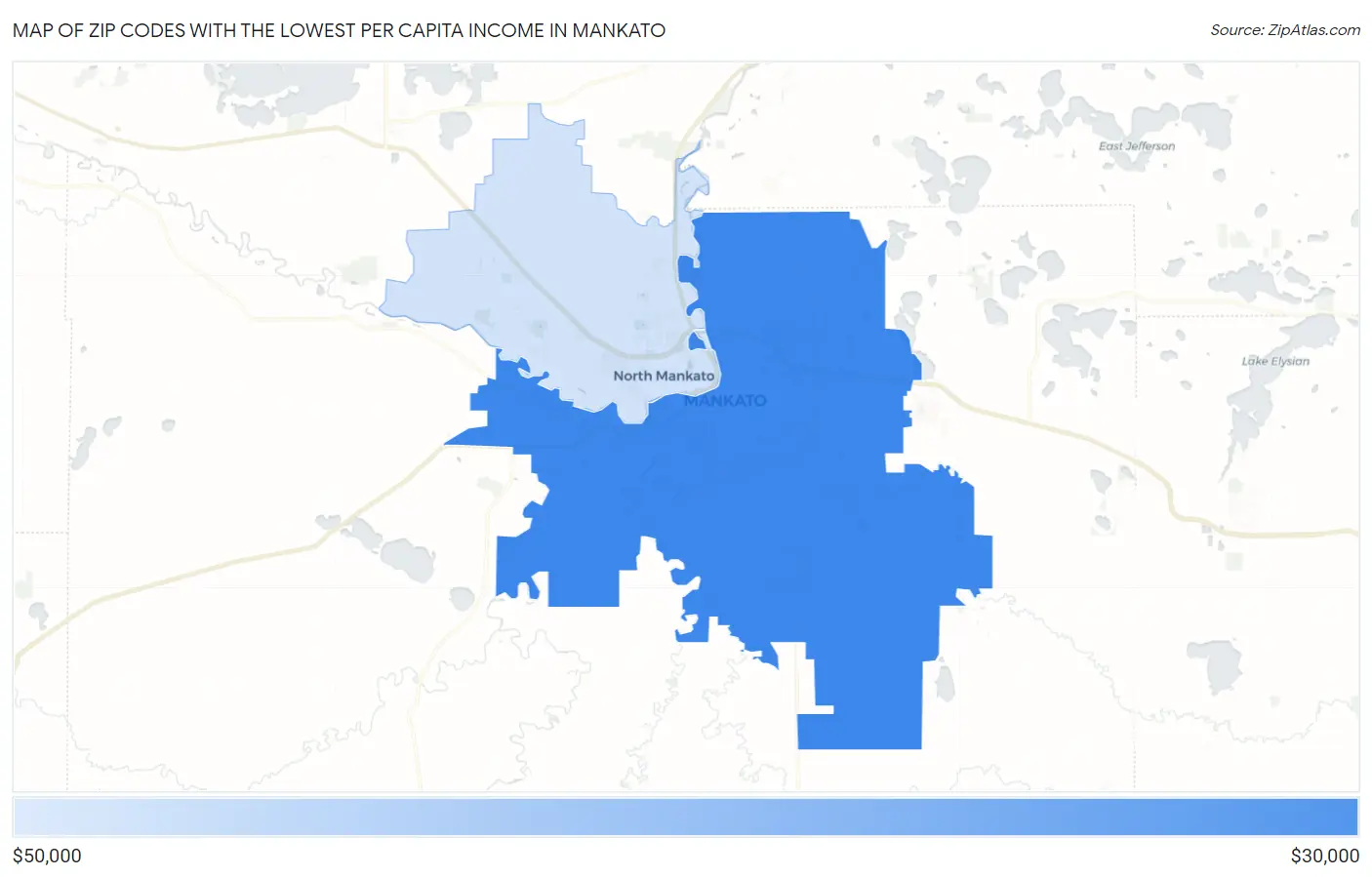 Zip Codes with the Lowest Per Capita Income in Mankato Map