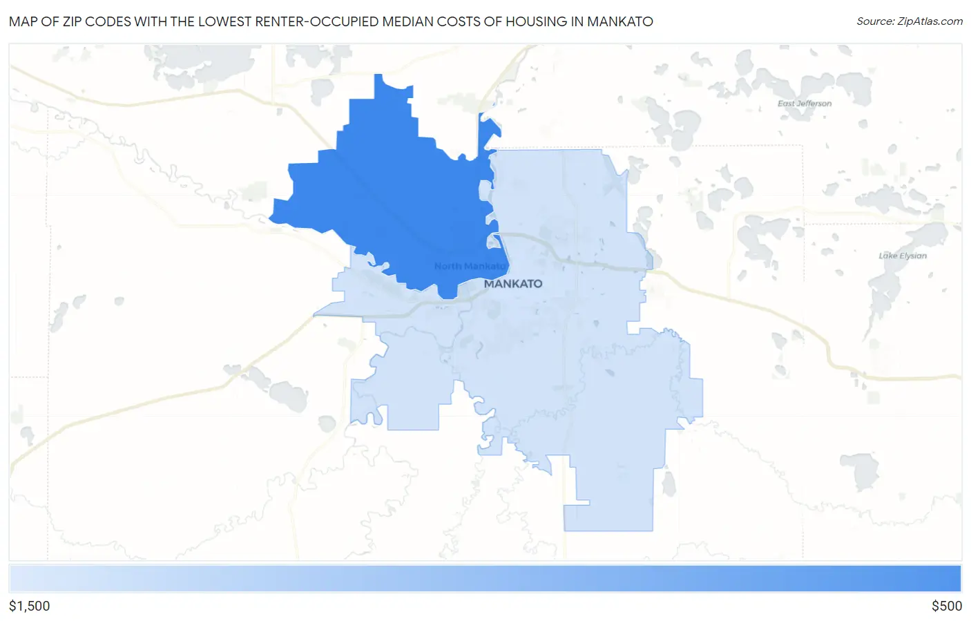 Zip Codes with the Lowest Renter-Occupied Median Costs of Housing in Mankato Map