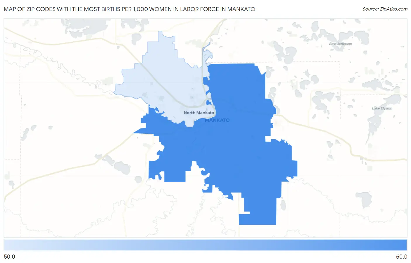Zip Codes with the Most Births per 1,000 Women in Labor Force in Mankato Map