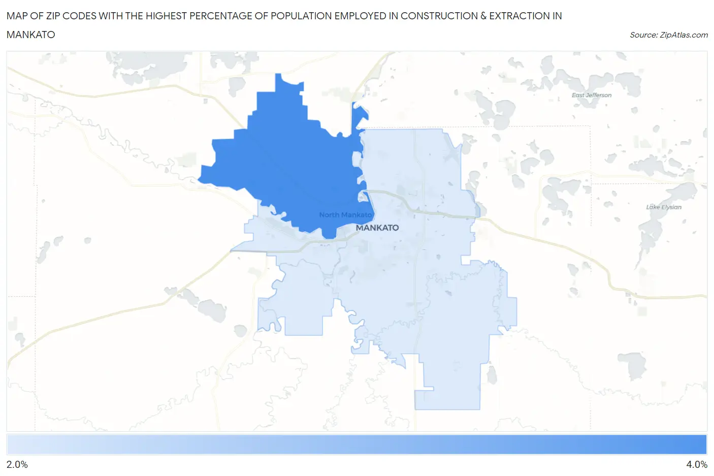 Zip Codes with the Highest Percentage of Population Employed in Construction & Extraction in Mankato Map