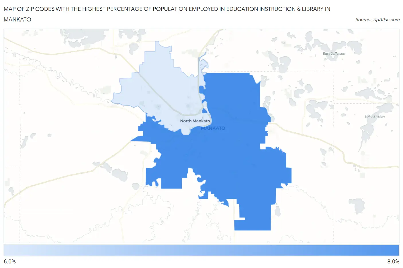 Zip Codes with the Highest Percentage of Population Employed in Education Instruction & Library in Mankato Map