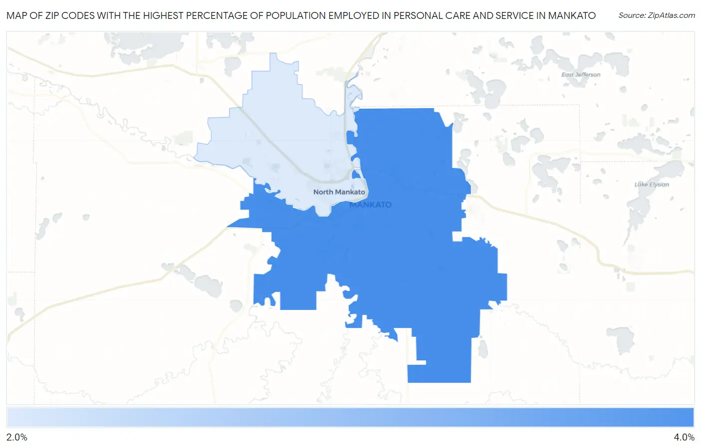 Zip Codes with the Highest Percentage of Population Employed in Personal Care and Service in Mankato Map