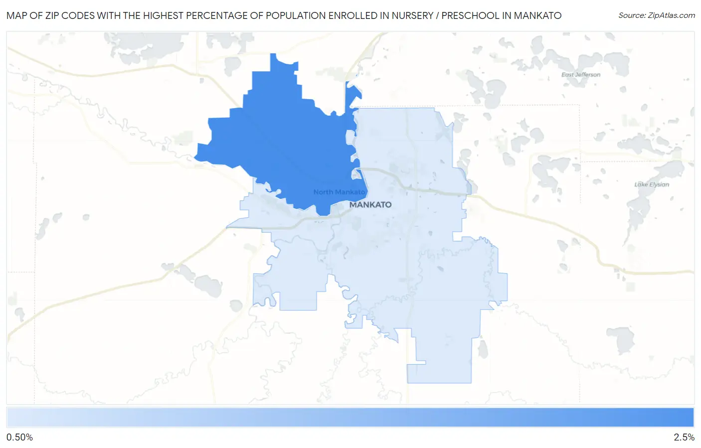 Zip Codes with the Highest Percentage of Population Enrolled in Nursery / Preschool in Mankato Map