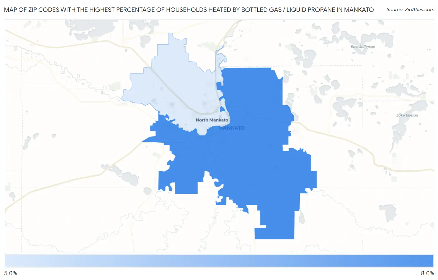 Zip Codes with the Highest Percentage of Households Heated by Bottled Gas / Liquid Propane in Mankato Map