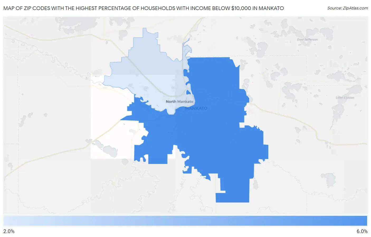 Zip Codes with the Highest Percentage of Households with Income Below $10,000 in Mankato Map