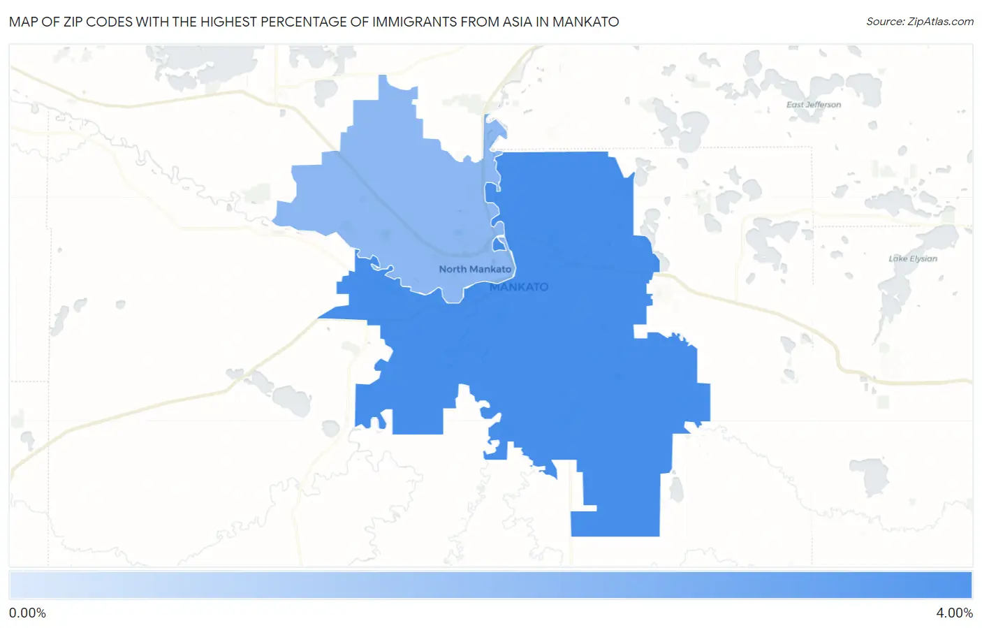 Zip Codes with the Highest Percentage of Immigrants from Asia in Mankato Map