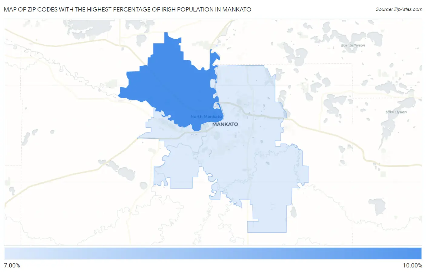 Zip Codes with the Highest Percentage of Irish Population in Mankato Map