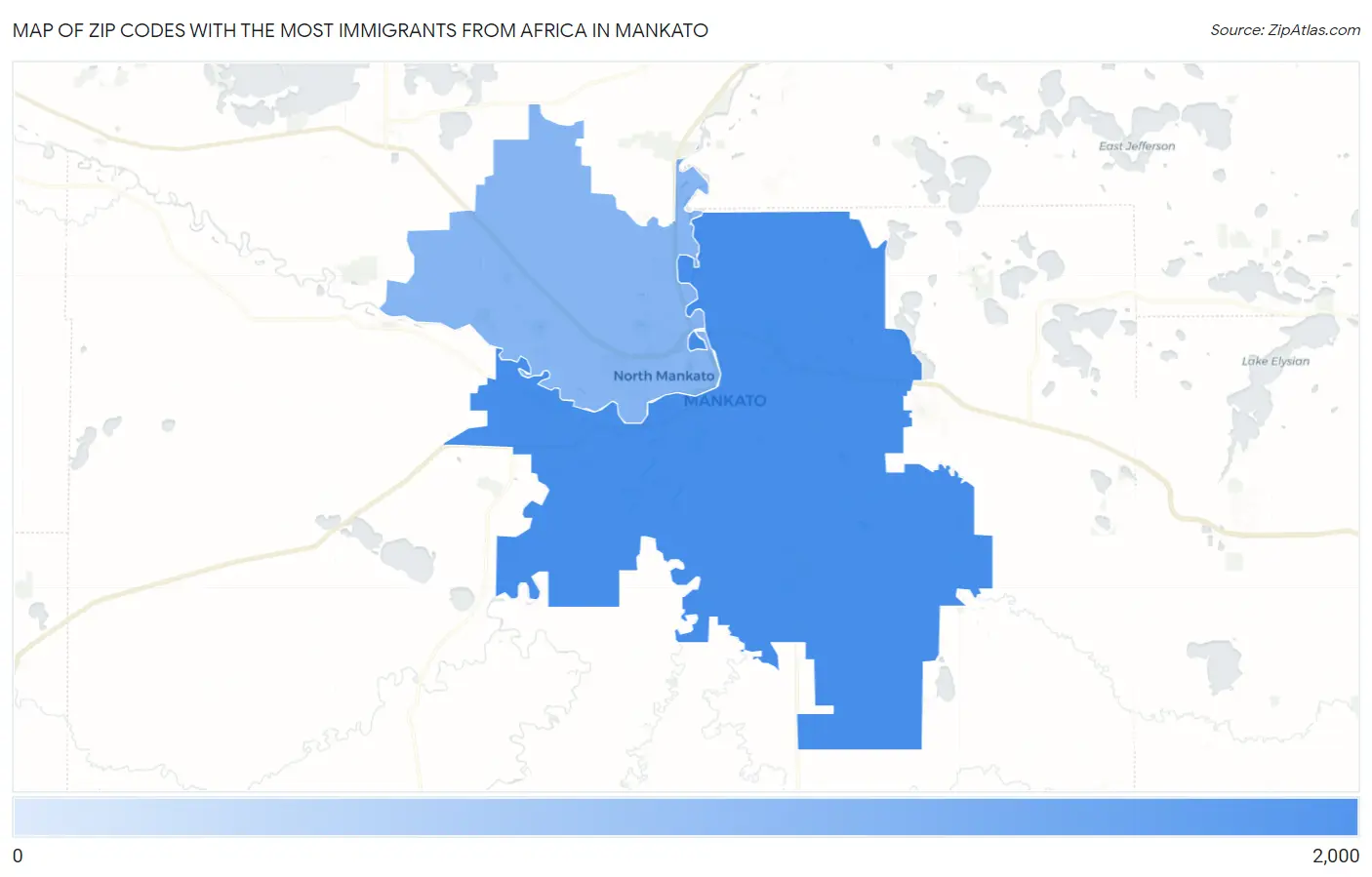 Zip Codes with the Most Immigrants from Africa in Mankato Map