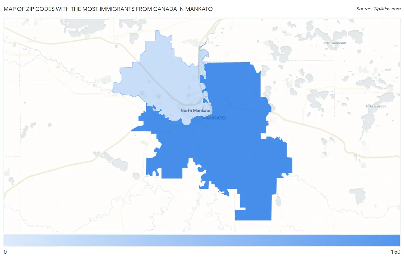 Zip Codes with the Most Immigrants from Canada in Mankato Map