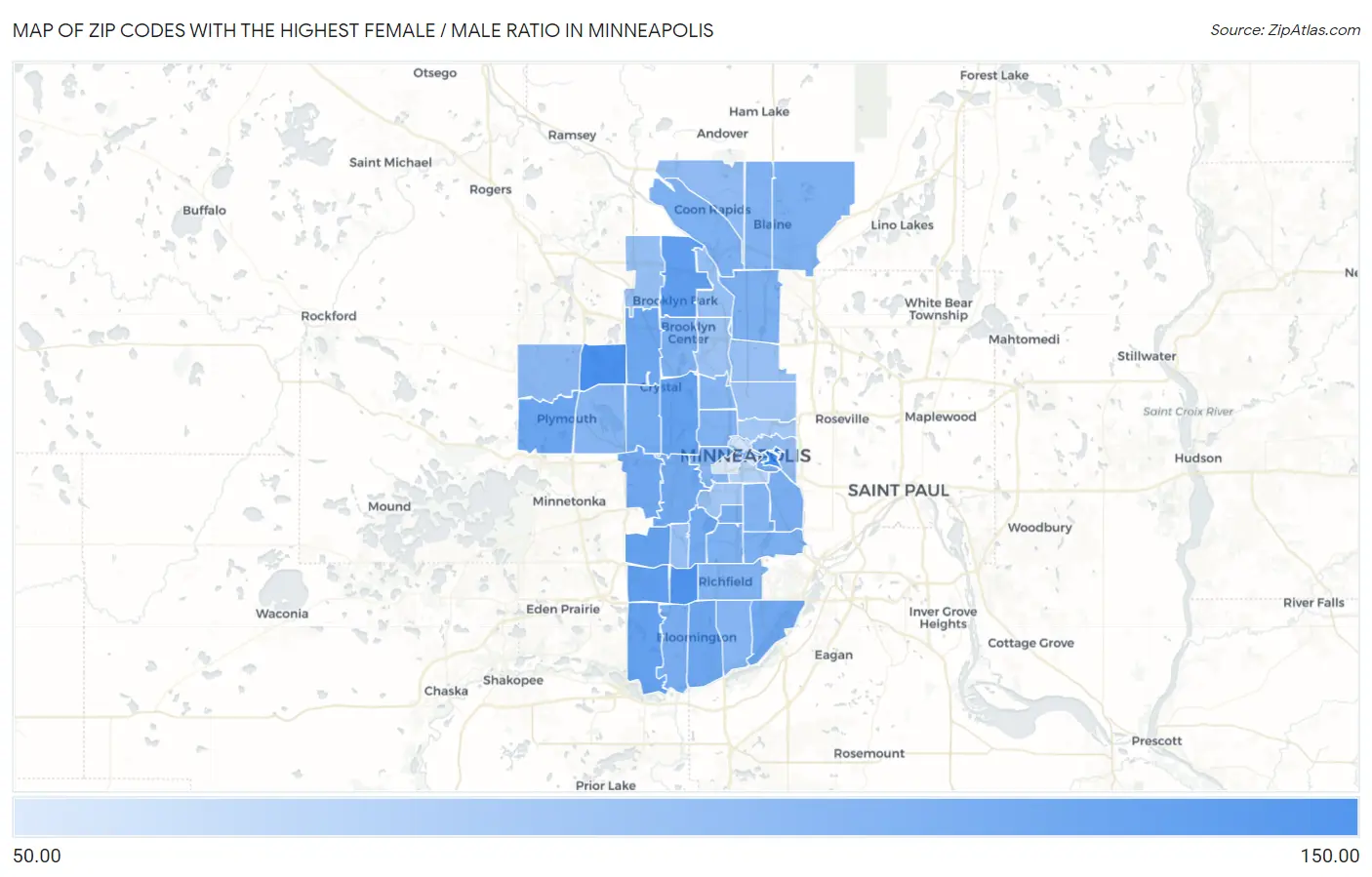 Zip Codes with the Highest Female / Male Ratio in Minneapolis Map