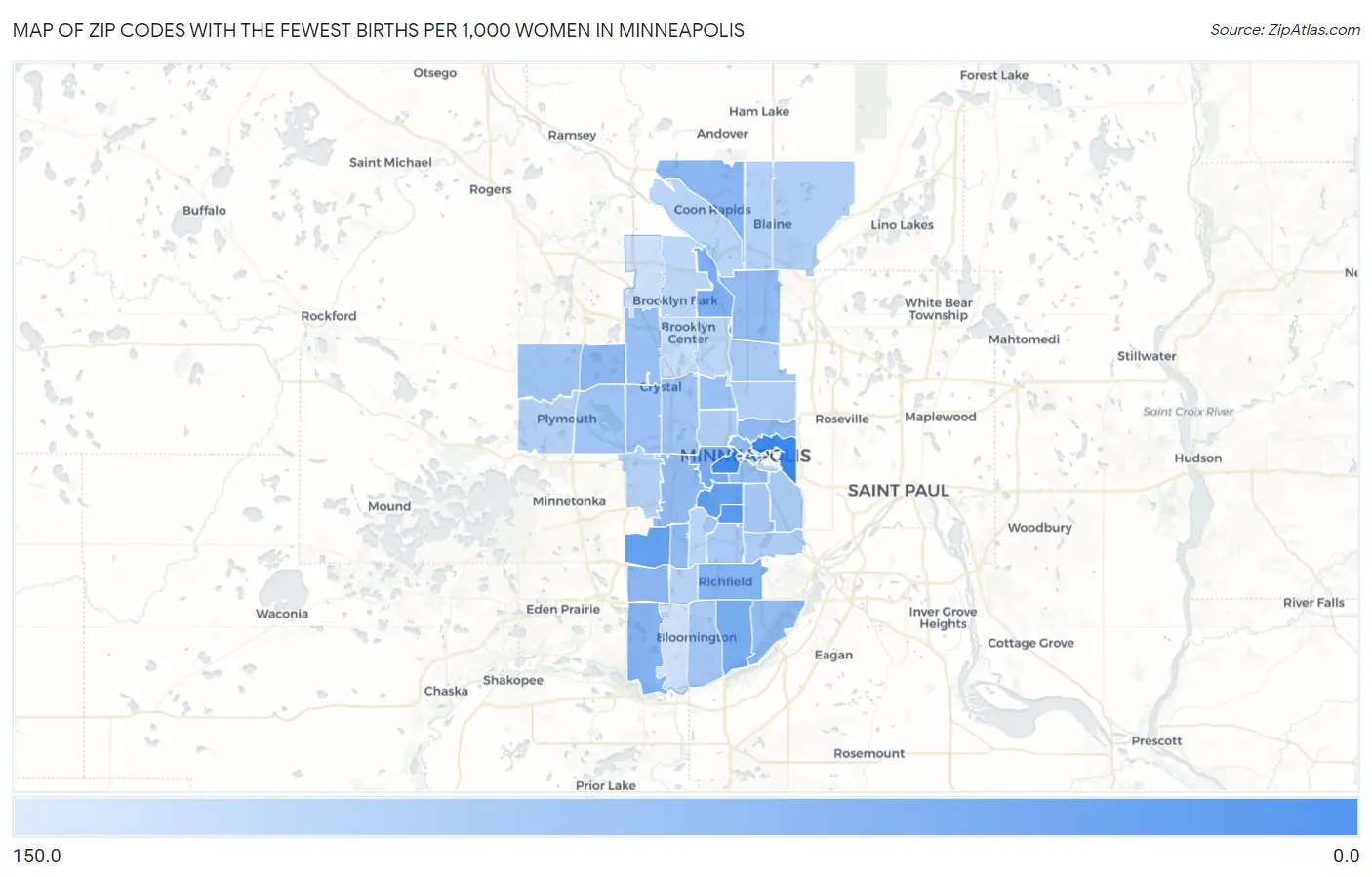 Zip Codes with the Fewest Births per 1,000 Women in Minneapolis Map