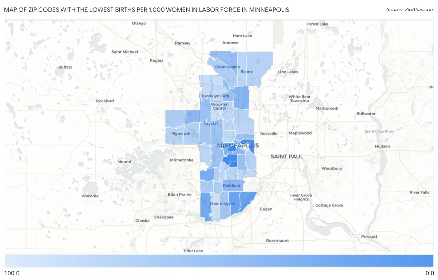 Zip Codes with the Lowest Births per 1,000 Women in Labor Force in Minneapolis Map