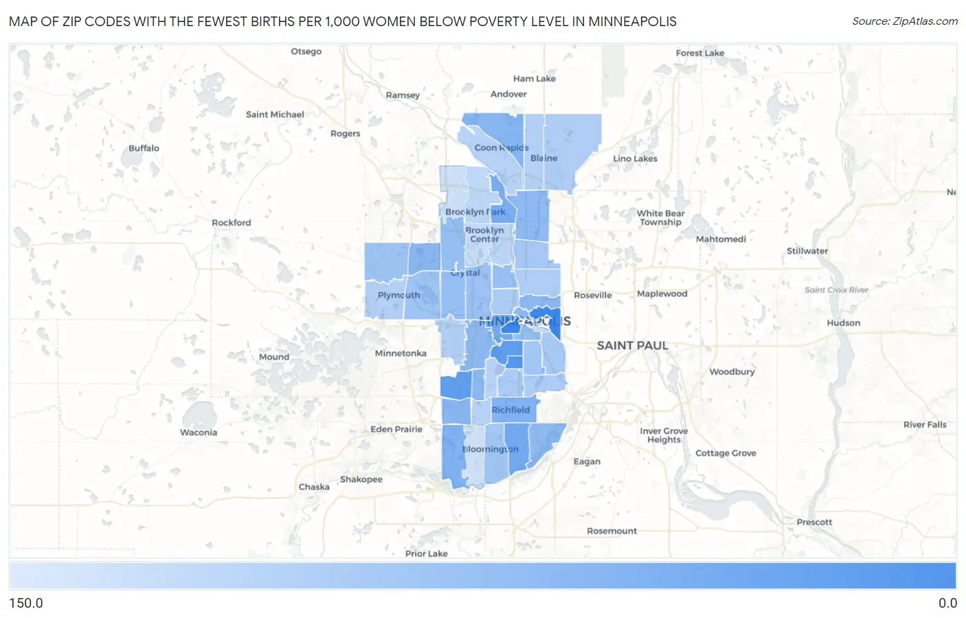 Zip Codes with the Fewest Births per 1,000 Women Below Poverty Level in Minneapolis Map