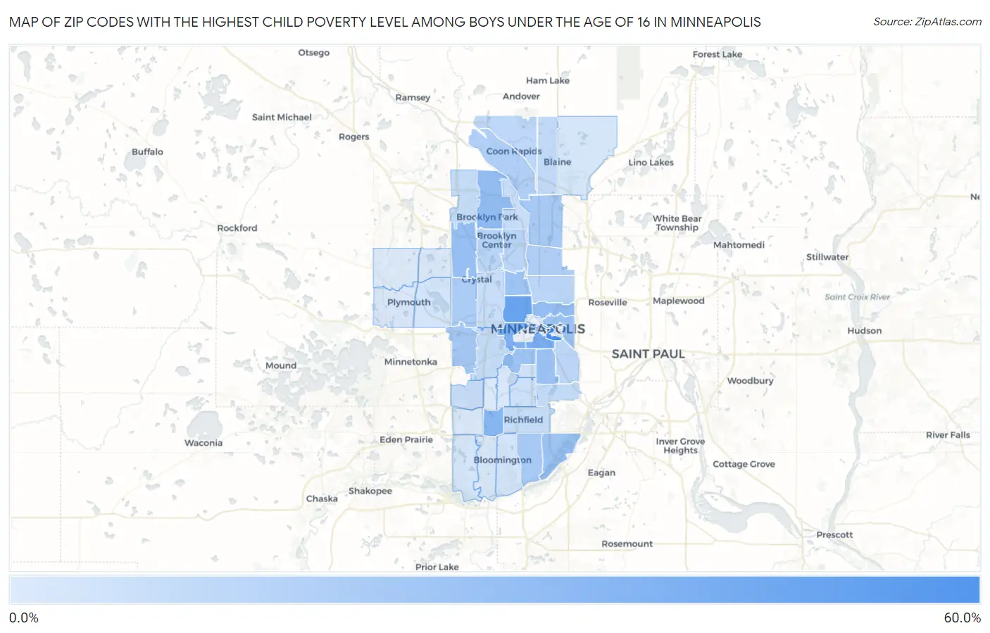 Zip Codes with the Highest Child Poverty Level Among Boys Under the Age of 16 in Minneapolis Map