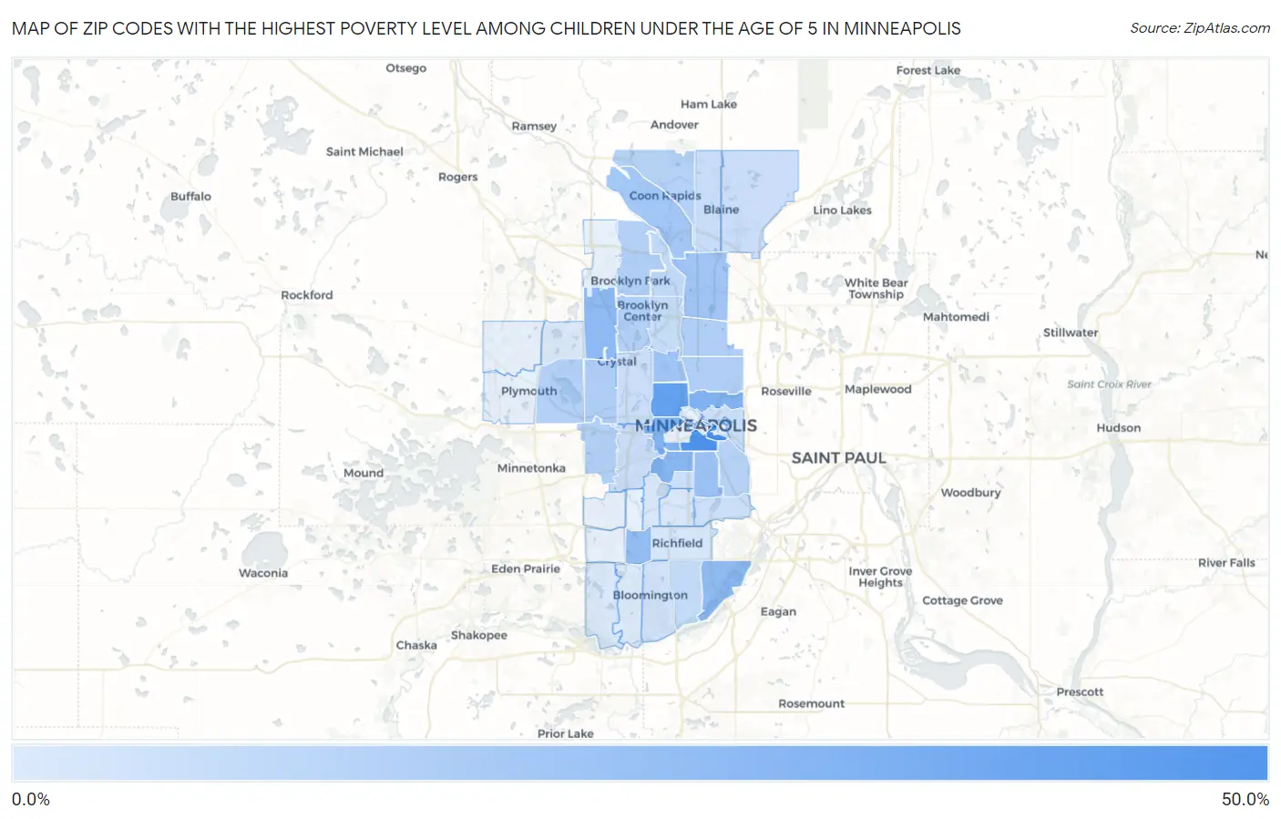Zip Codes with the Highest Poverty Level Among Children Under the Age of 5 in Minneapolis Map