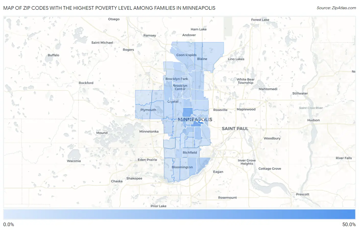 Zip Codes with the Highest Poverty Level Among Families in Minneapolis Map